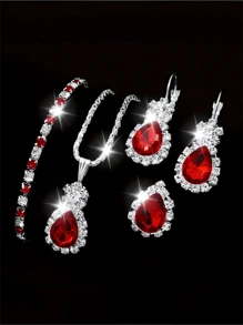 Set de joyería de 5 piezas de estilo de lujo, que incluye collar, pulsera, anillo y aretes, con múltiples colores disponibles, accesorios de moda para mujer