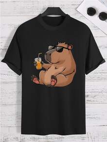 Camiseta de hombre con estampado divertido Capibara con gafas de sol disfrutando de un zumo.fresco y original para verano.Ideal para un look casual y desenfadado! - Negro - Ver 1