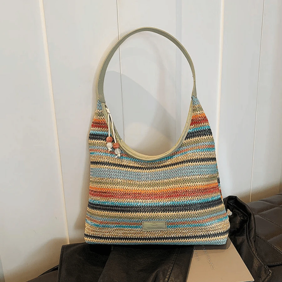 Women Straw Woven Tote Bag Striped Tote Clutch Bags Large Capacity Beach Vacation Shoulder Bag  For Outdoor Travel - 彩色_多 - 查看 1