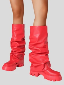 Fashion Women's Metal Platform Shark Boots Foldable Thick Knee High Shoes Motorcycle Party Nightclub Cosplay Halloween Decorative Boots - Red - View 5