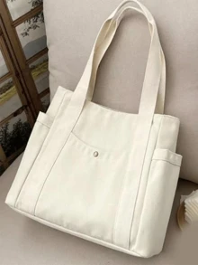 Canvas Tote Bag With Zipper, White Black Multi-Pocket Women's Shoulder Bag, Multiple Pockets, Can Hold Daily Necessities, Travel Items And Work Supplies, Reusable, Casual Shopping Beach Bag, Versatile And Fashionable - 米色 - 查看 11