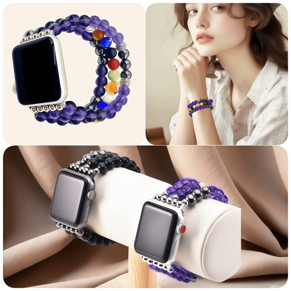 1pc Beaded Watch Band, Natural Stone Elastic Comfortable Wristband For 38/40/41/42/44/45/46/49mm Ultra 2/1 Series 10/9/8/7/6/5/4/3/2/1/SE, Solar System Bracelet, Galaxy & 8 Planets Guardian Star Natural Stone Beads Gift