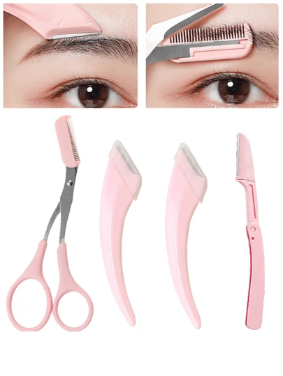 4件套/2件套/1件套不锈钢弯头眉刀眉剪带梳子，适合任何肤质的美容工具，男女通用，可用于脱毛、化妆、家居装饰、梳妆台、旅行、卧室等场合。产品用途广泛，包括化妆配件、眉刀、圣诞礼物等。