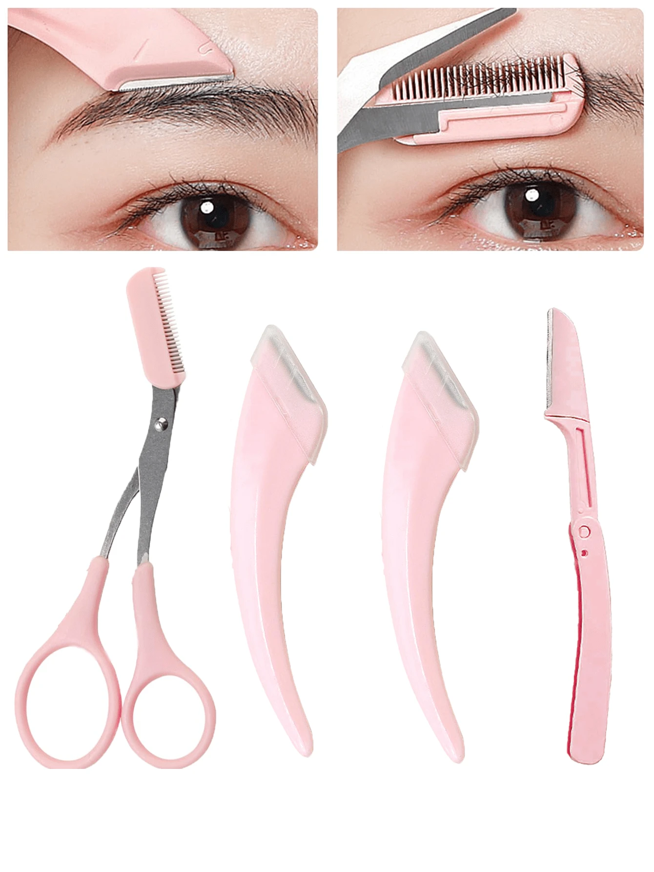 4件套/2件套/1件套不锈钢弯头眉刀眉剪带梳子，适合任何肤质的美容工具，男女通用，可用于脱毛、化妆、家居装饰、梳妆台、旅行、卧室等场合。产品用途广泛，包括化妆配件、眉刀、圣诞礼物等。