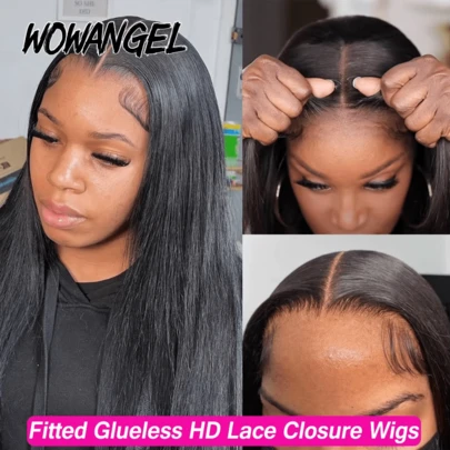 WOWANGEL 250 Density Lace Closure Wig, Human Hair, 5x5 HD Lace Closure Real Hair Wig, Pre-Plucked Hairline, Straight Human Hair Lace Front Wig, Bleached Knots, Plug And Play, Natural Wig