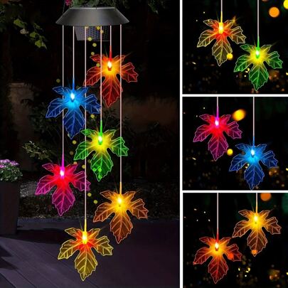 1 pieza Carillón de viento con hoja de arce y luz nocturna cambiante de color alimentado por energía solar - Carillón de viento de Halloween con ambiente espeluznante de ojos brillantes, ideal para decoración exterior, dormitorio, patio y jardín - Decoración perfecta para Halloween, Navidad, fiestas, habitación y jardín, regalo ideal