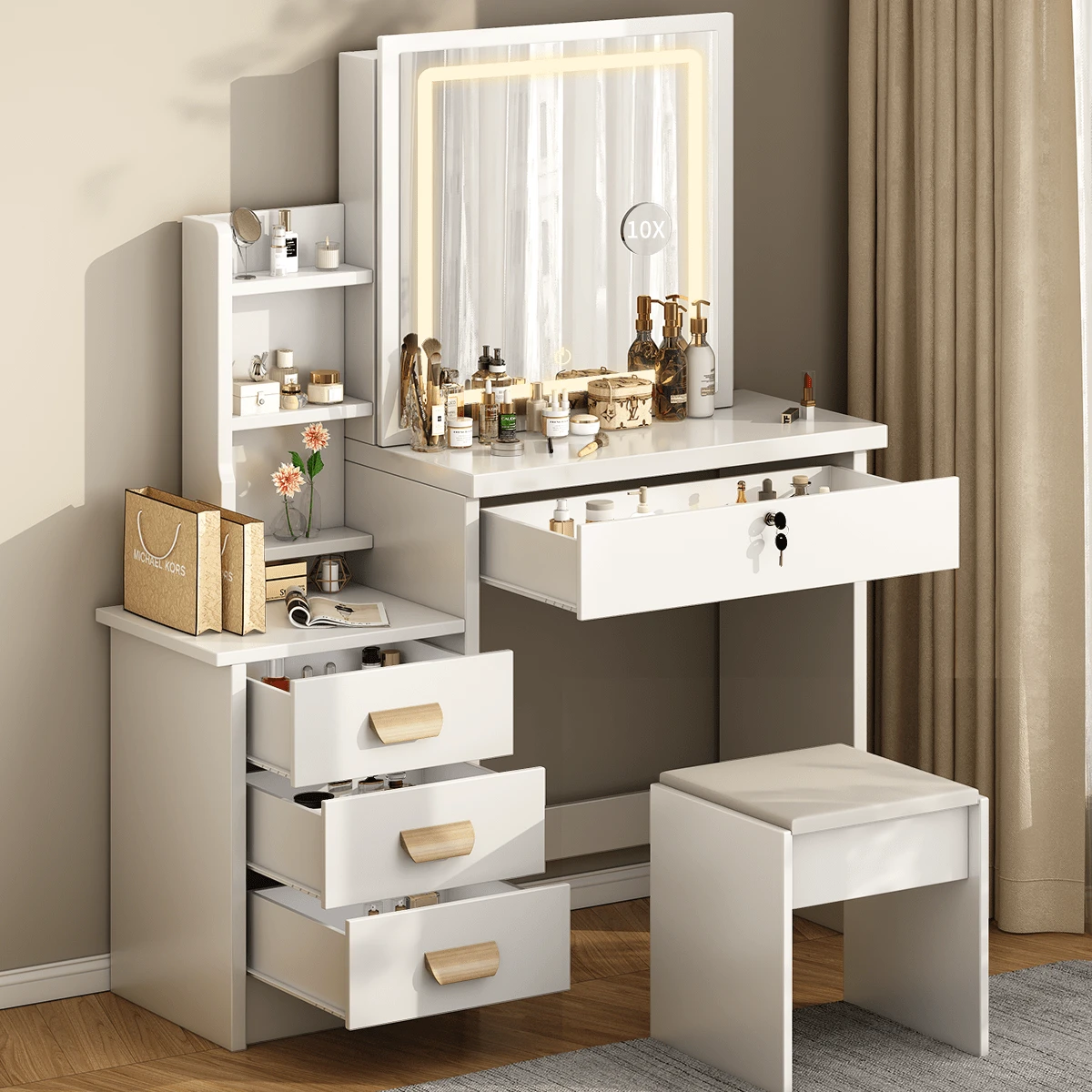 JANZDIYS LED Mirror Vanity Table With Stool - 55*40*136 Cm - 3 Adjustable Lighting Modes - With 2 Outlets & 2 USB Ports - White - trắng - Xem 1