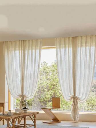 Japanese Natural Wood Tone Striped Jacquard Sheer Curtains, For Living Room, Bedroom, Balcony, Window Decor, Daily Decoration