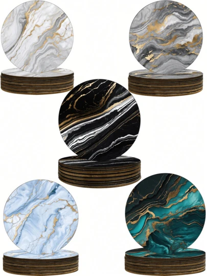 1 Set Of 6 Marble Patterned Wooden Coasters, Heatproof, Anti-Slip, Insulated, Suitable For Coffee Cups And Beverages, Great For Home, Office And Dining, Ceramic Marble Design Wooden Coasters For Various Cup
