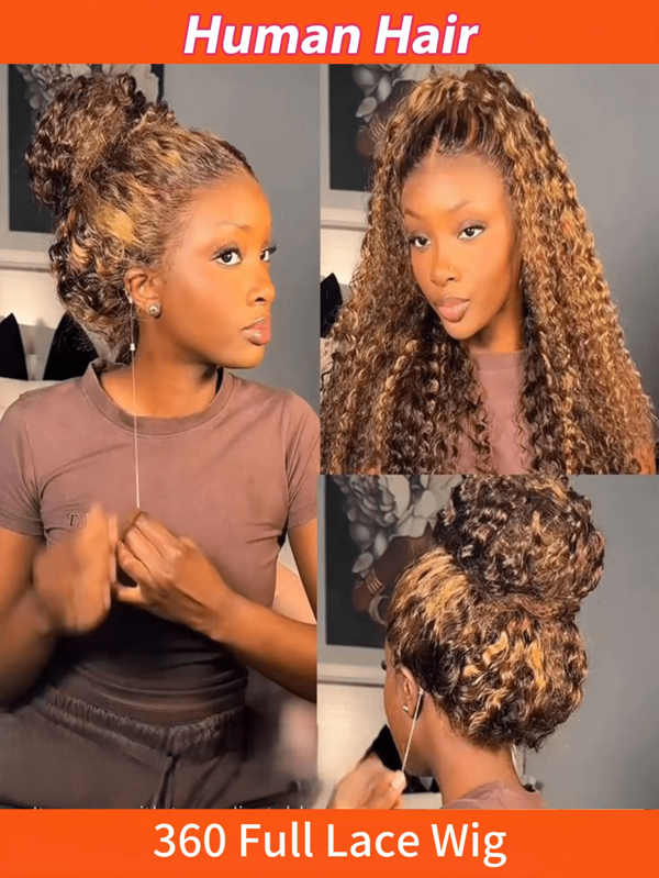 Invisible Drawstring 360 Full Lace Wig Glueless Kinky Curly Human Hair Wigs Hidden Adjustable Strap 150% Density Transparent Lace Frontal Wig Pre-Plucked With Baby Hair Can Make Ponytail And Bun Multicolor For Women