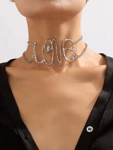1pc Women's Hollow Letter Necklace, Hip-Hop Motorcycle Style - Letter Clavicle Chain - View 3