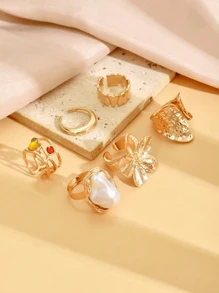 6 pièces/Set Ensemble de bagues ouvertes exagérées décorées de fleurs métalliques vintage et de faux perles