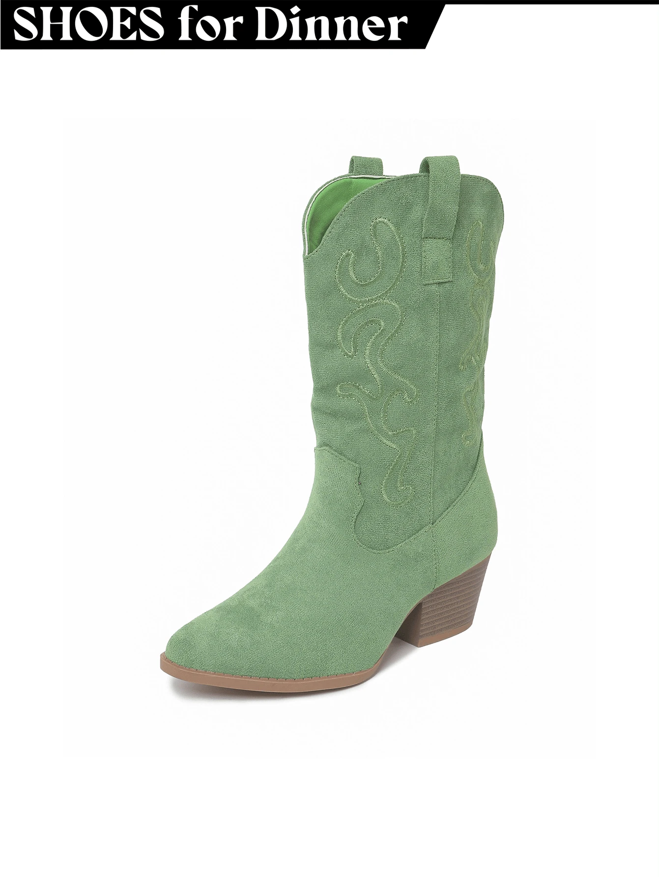 Women Western Cowboy Boots – Embroidered Mid-Calf Chunky Heel Cowgirl Boots With Side Zipper Stylish Comfortable Suede Fall/Winter Boots For Country Concert, Rodeo, Nashville Trip, Festival & Daily Wear [Size Up Half Size] - 綠色 - 查看 1