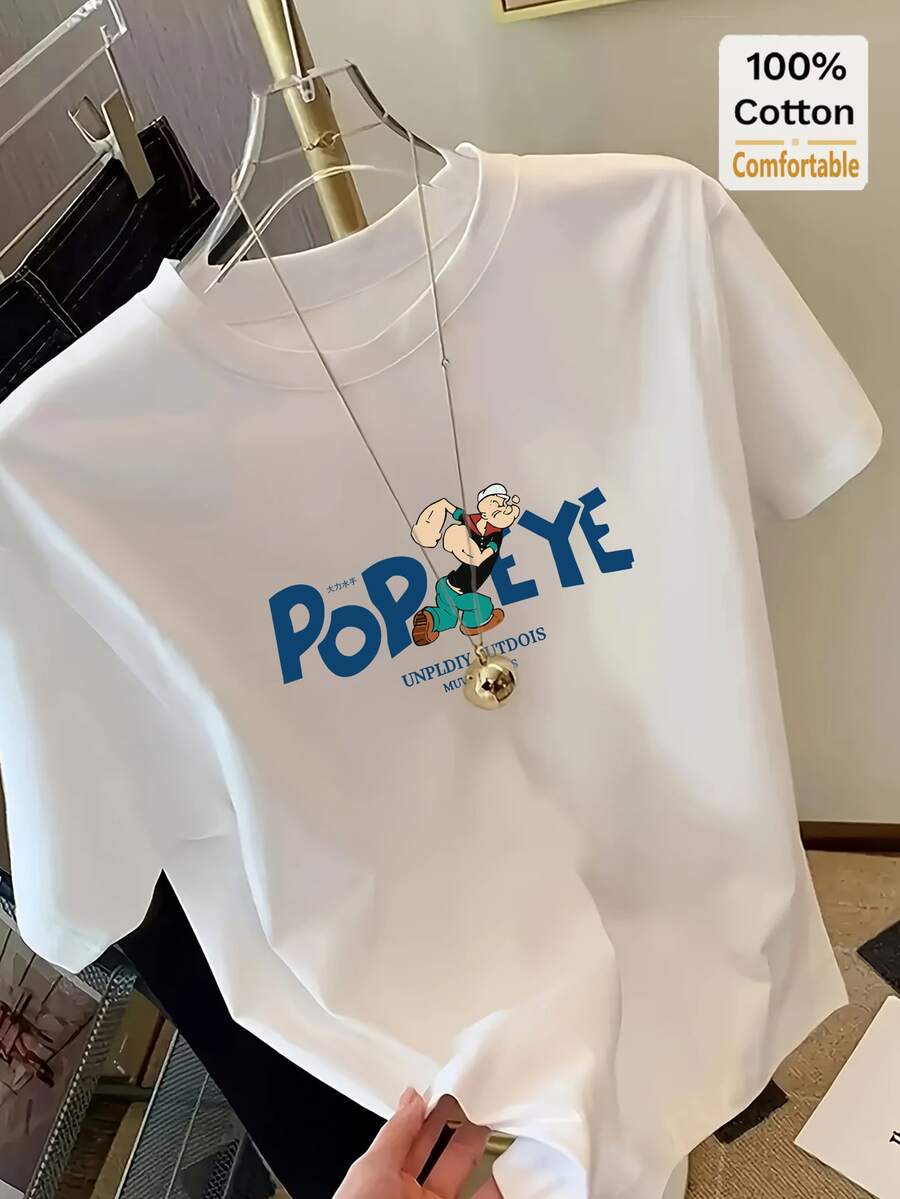 Camiseta de manga corta de longitud media con estampado de dibujos animados para mujer, camiseta gráfica elegante de verano casual blanca - Blanco - Ver 1