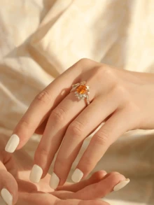 1 件优雅的 S925 银杏叶形椭圆形橙色宝石戒指，适合女性，适合节日、周年纪念、情人节、日常佩戴的礼物 - 金色 - 查看 3