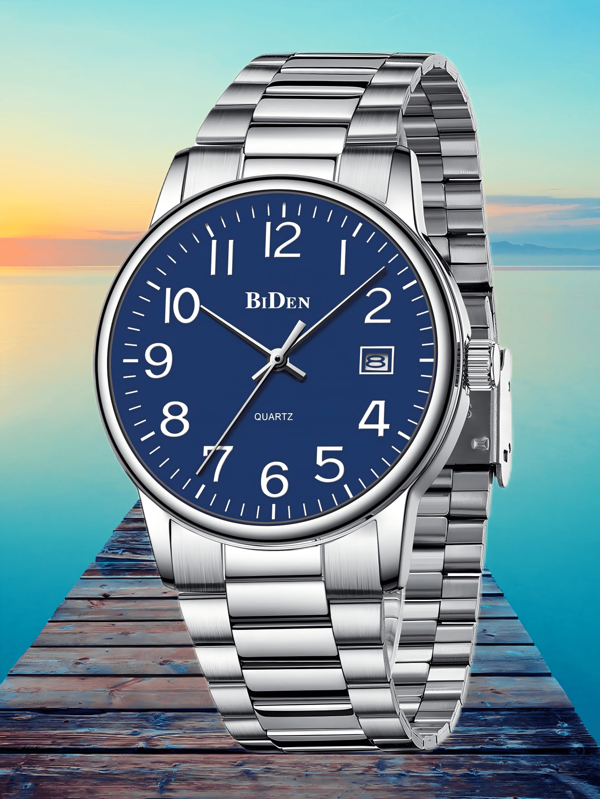 BIDEN Montre homme BIDEN, mode et facile à lire, montre digitale, bracelet en acier inoxydable, montre à quartz de luxe décontractée argent, étanche, date, convient pour un port quotidien, rentrée des classes, saison de remise des diplômes, fête des pères, le meilleur cadeau pour Thanksgiving