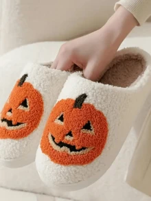 Winter New Women's House Slippers, Cute Cartoon Halloween Ghost & Pumpkin Print Slippers, Unisex Bedroom/Kitchen/Bathroom Comfortable Thick Sole Non-Slip Warm Indoor Slippers