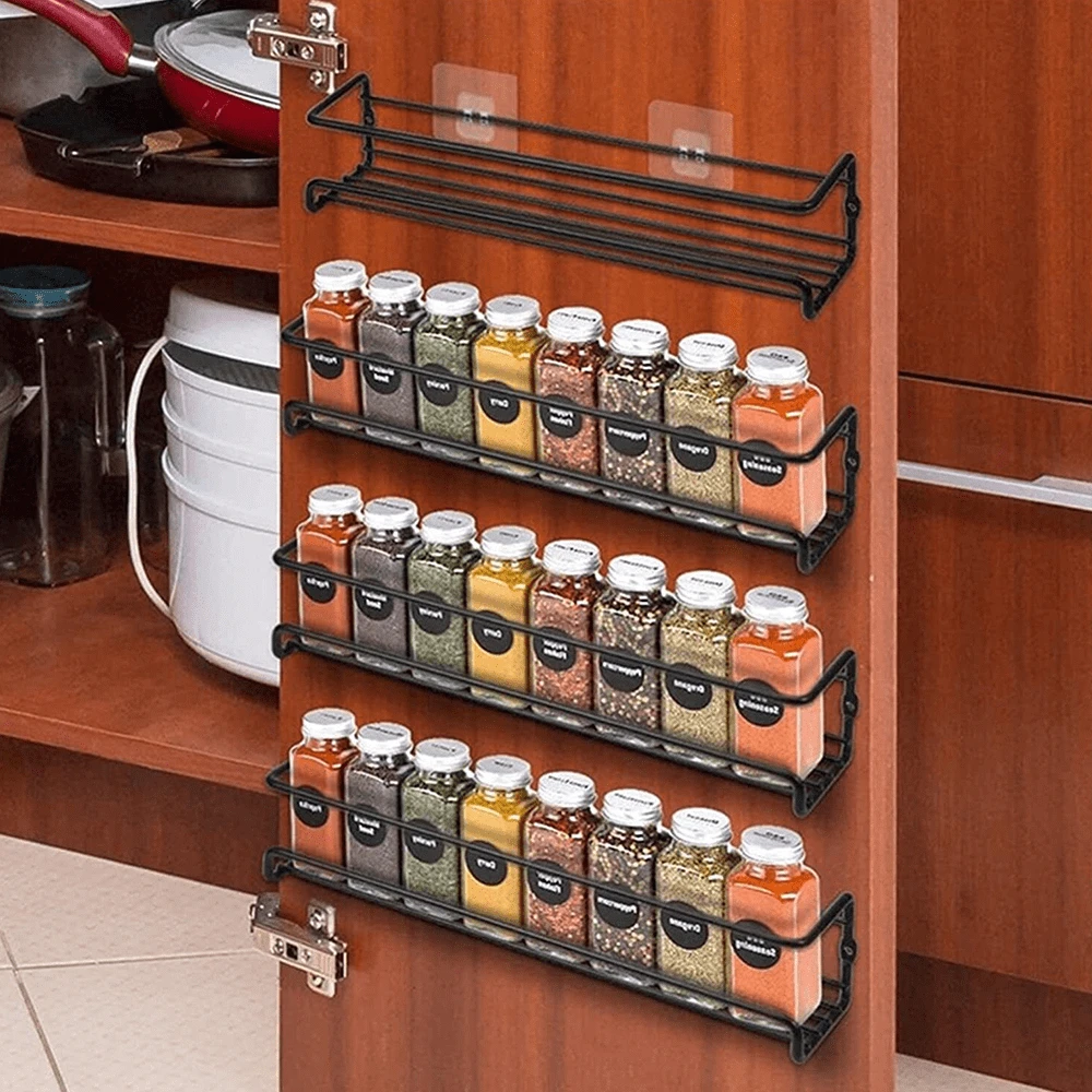 Spice Racks Organiser - 4 Tier Hanging Stainless Steel Wall Mounted For Spices And Condiments, Jars (Black) - Black - View 1