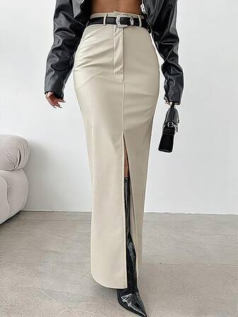 ELVA Damkjol med höga slitsar och fickor, minimalistisk moderiktig kjol, avslappnad och elegant, lämplig för kontorspendling, höstbröllop, vinterkläder. Alla hjärtans dag, nyårsoutfit