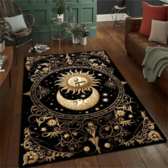 [Tapis de zone soleil et lune en polyester] Tapis de zone lavable avec motif soleil et lune - polyester, tapis antidérapant d'intérieur/extérieur, tapis rectangulaire, convient pour le bureau, le salon, la décoration de la chambre à coucher