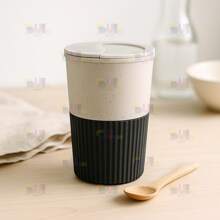 BAMBOO FIBER CUP 300ml BLACK Screw Lid Double Wall THERMAL Nylon Handle