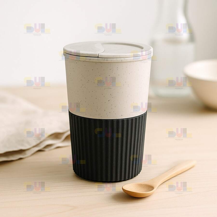 BAMBOO FIBER CUP 300ml BLACK Screw Lid Double Wall THERMAL Nylon Handle