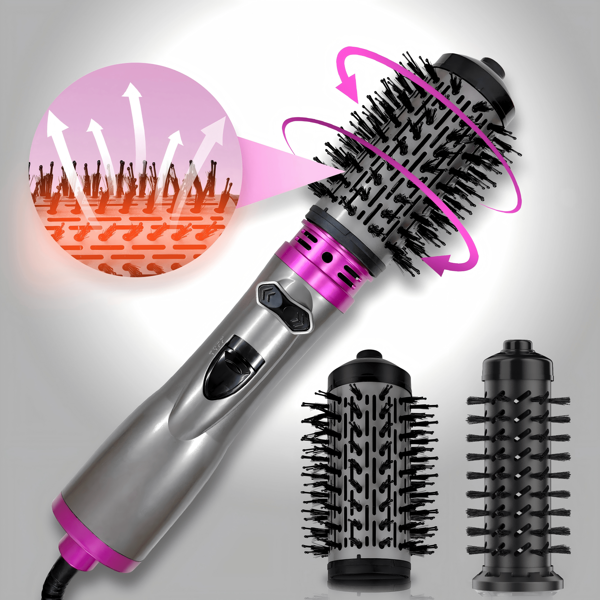 4-in-1 Rotierender Heißluftbürste, Volumisierender Haartrockner und Styler in einem Schritt, Lockenbürste, Glättungsbürste, 360° Automatische Rotation, 2 austauschbare Bürstenköpfe, Keramikbeschichtung für weiches und glänzendes Haar, geeignet für alle Haartypen, erzeugt lebendige und stilvolle Locken und seidiges Haar, Urlaubsgeschenk!