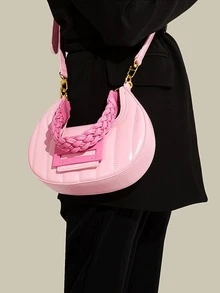 时尚经典百搭纯色PU防水面料单肩包，绗缝设计腋下新月包，金属扣装饰，编织肩带女士钱包，可斜挎，商务通勤包，适合逛街、上班通勤、派对聚会、搭配服饰、大学生使用。