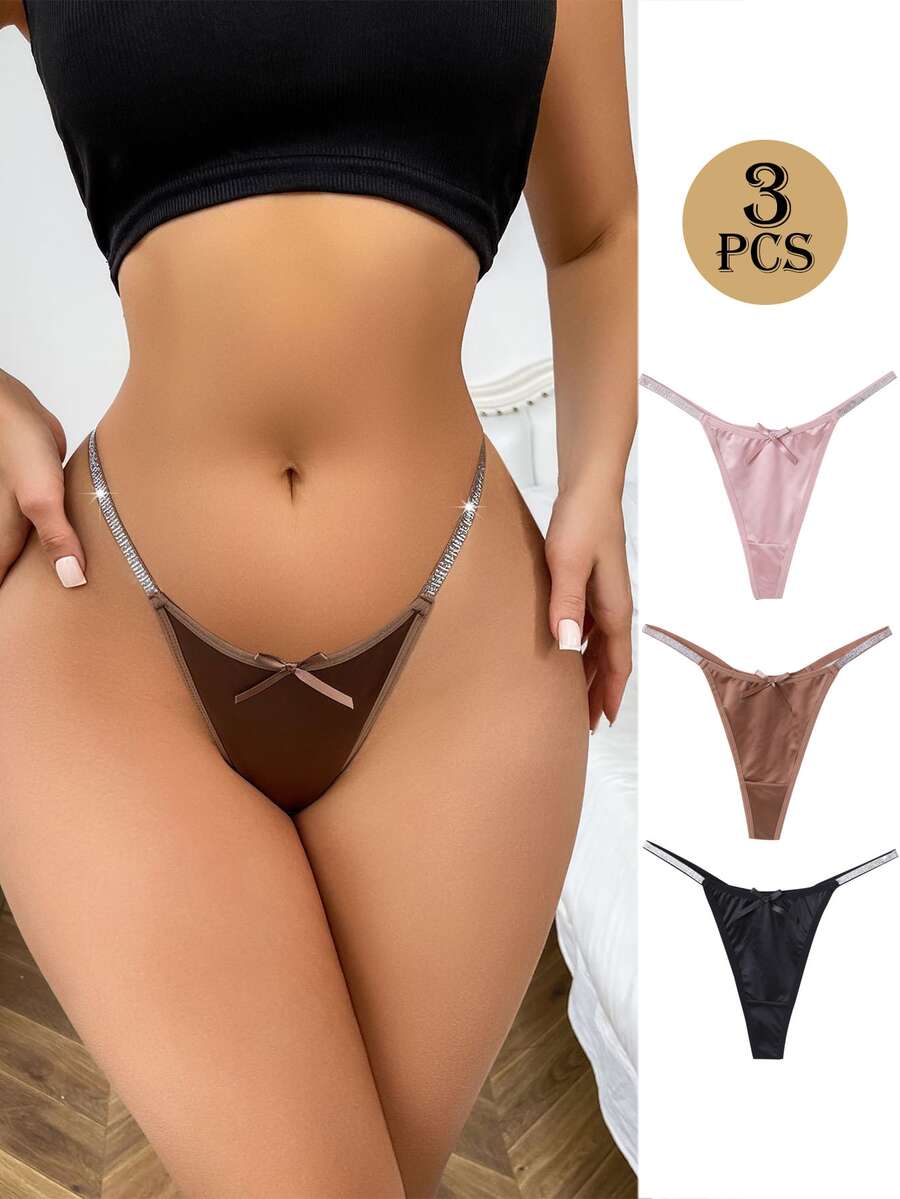 3 piezas Tangas sexys para mujer, lencería de tanga de satén brillante y de cintura baja con cinta lujosa