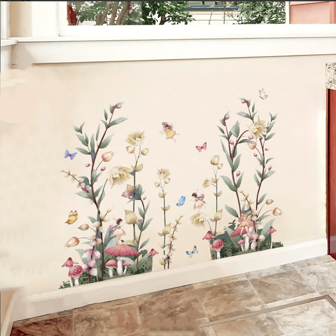 1 set Autocollants muraux décoratifs à l'aquarelle avec fleurs sauvages, papillons, plantes fraîches et fées, champignons, feuilles florales, princesse, pour la chambre, le salon et la décoration de la maison