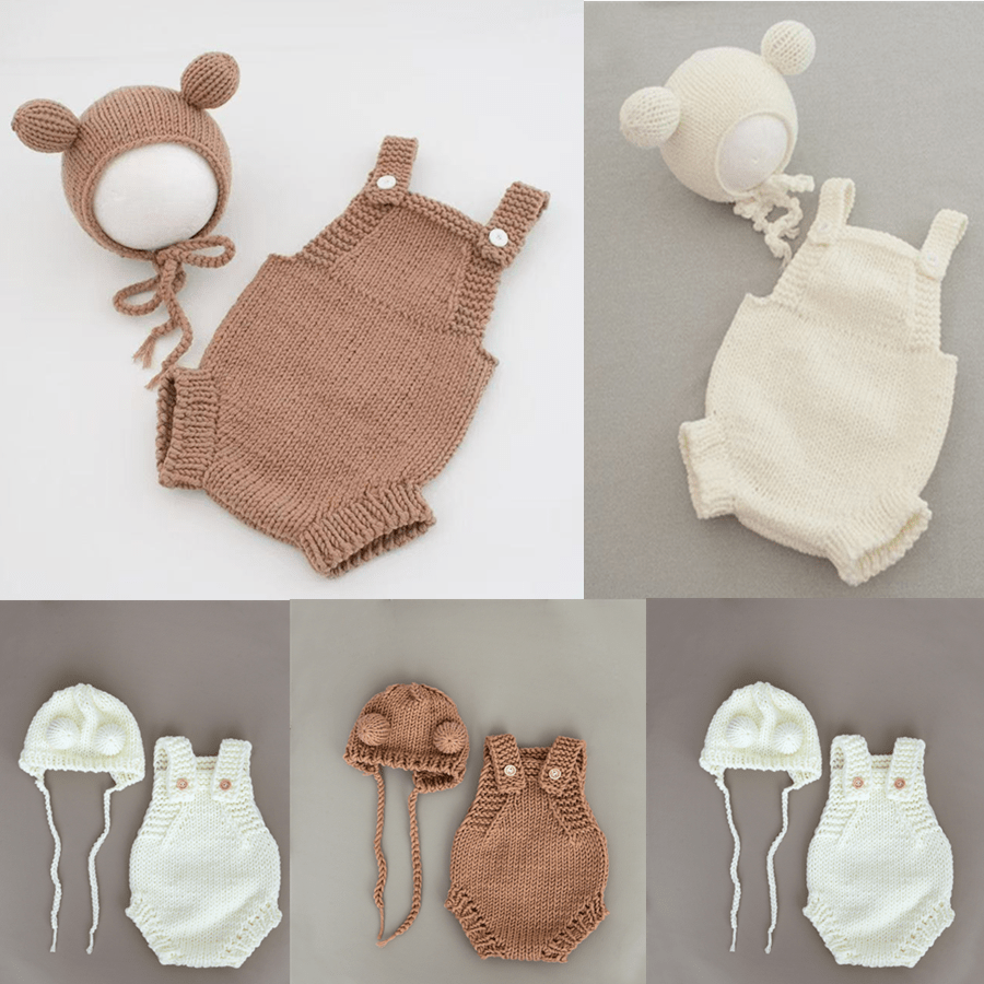 Newborn Knitted Bear Hat And Romper Set, Baby Photography Prop For Boys And Girls, Teddy Bear