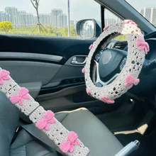 onEternal 1pc Handmade Crochet Pink Bow Steering Wheel Cover And 2pcs Seatbelt Covers Car Interior Decor Set