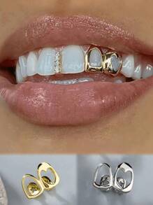 Hollow Golden Side Tooth Decor Niche Design Double Hollow Heart Shaped Teeth Decor Hip Hop Punk Style For Women, Music Festival, Party, Holiday, Couples Gift
