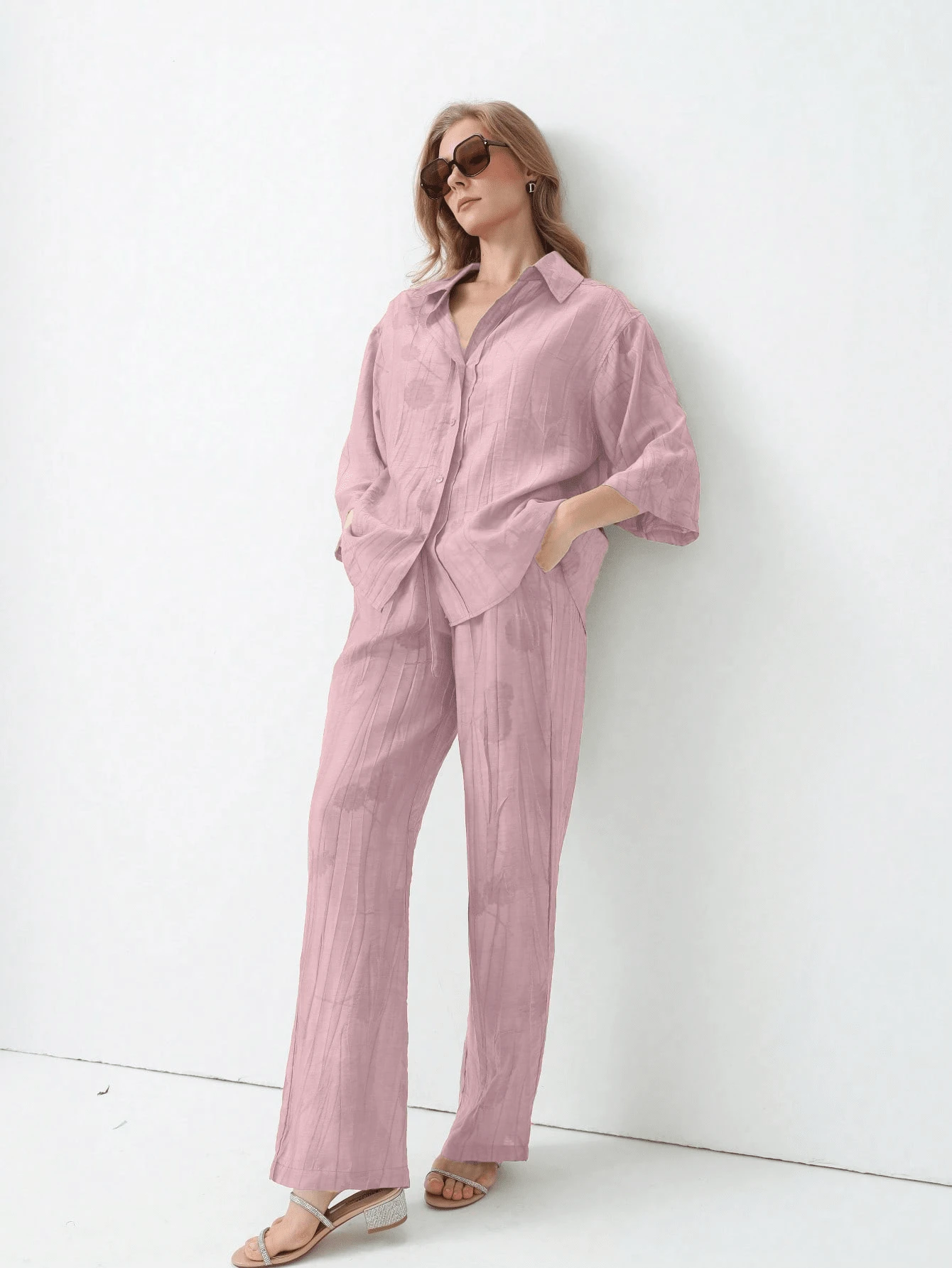 HZXVIC Damen Neuer Herbst Batik Lässig Urlaubs-Set mit Hemd mit Kragen und Tunnelzug Taille und Hose mit hoher Taille