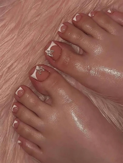 24 件浅粉色方形蝴蝶假趾甲配件中间方形光泽表面按压式全覆盖趾甲适合女性和女孩的指甲假趾甲专业美甲沙龙和 DIY 家用套装时尚指甲美甲用品指甲