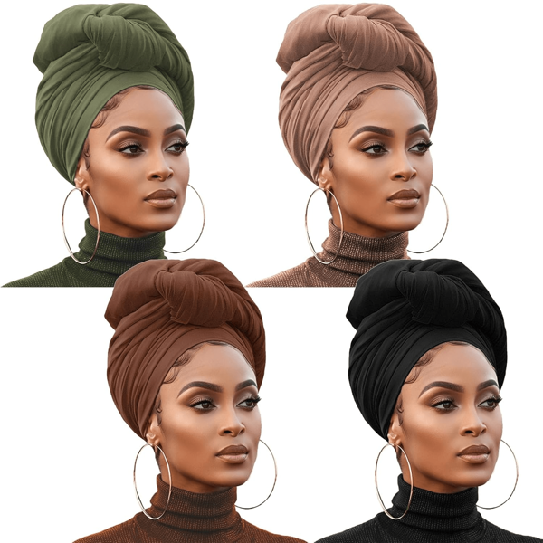 1pc Women Black Elastic Knit Headscarf, Lightweight & Breathable Solid Color Long Headscarf, Spring/Summer