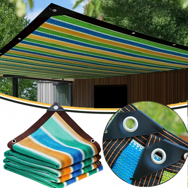 Farbiges gestreiftes, hochdichtes, atmungsaktives Sonnenschutznetz mit Multifunktion für den Außenbereich, hochdichter UV-Schutz, geeignet für Terrassen, Picknicks, Carports, Gärten, Balkone, Korridorpavillons, Strände, Höfe und Dachdämmung, einfache Installation, verstärkte Ecken, feste Kanten.