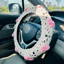 onEternal 1pc Handmade Crochet Pink Bow Steering Wheel Cover And 2pcs Seatbelt Covers Car Interior Decor Set