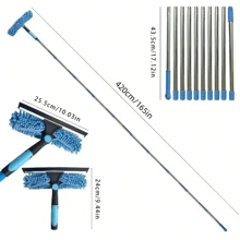 1pc Heavy-Duty Window Cleaning Brush & Squeegee – Extendable Stainless Steel Handle,Reusable Squeegee Brush, Suitable For Outdoor And Glass Cleaning, Includes Multiple Components And Machine Washable Chenille Fabric, Brush Cleaning Tools