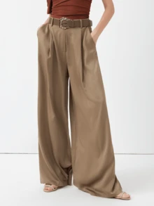HZXVIC 女士新款高腰纯色腰带缎面纹理休闲阔腿裤，办公室 - 卡其色 - 查看 2