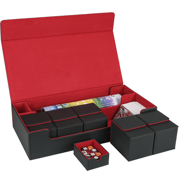 Caja para almacenar tarjetas de colección, almacena 5 mazos de MTG o talla grande de 2200 tarjetas, caja de almacenamiento de tarjetas TCG con cierre magnético para MTG, tarjetas deportivas, con bandeja para dados