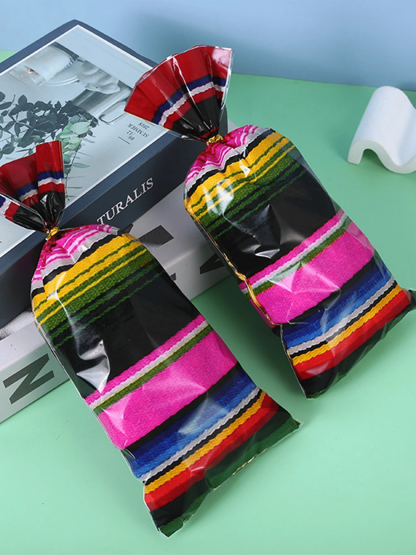 50 Pcs Colorful Striped Gift Bags, Plastic Gift Bags, Mexican Gift Bags, Birthday Gift Bags, Wedding Gift Bags, Suitable For Party Decoration, Birthday Decoration, Wedding Decoration, Baby Shower Decoration, Home Decoration, Party Gift Bags, Personalized Gift Packaging Products