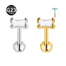 Aretes planos de aleación de titanio F136, varillas insertadas de acero inoxidable 316, cabeza decorativa con diamante cuadrado para labios, aretes de hueso coclear, acero de titanio