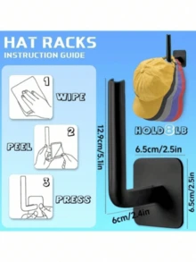 1/2pcs Hat Rack/Holder, Hat Storage Display Hooks, Wall Mounted No Drill Hat Organizer For Baseball Caps, Bathroom, Kitchen Paper Towel Rack, Coat Hanger For Hat, Towel, Clothes - Black - View 3