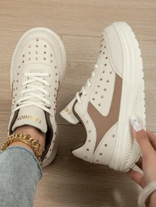Women Thick Sole Wedge Sneakers With Crystal Decor, Casual Height Increasing Shoes, Versatile For Commuting - Beige - View 3