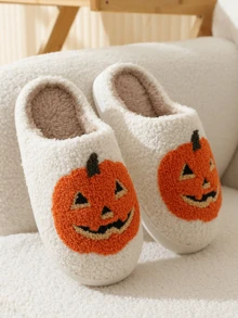 Winter New Women's House Slippers, Cute Cartoon Halloween Ghost & Pumpkin Print Slippers, Unisex Bedroom/Kitchen/Bathroom Comfortable Thick Sole Non-Slip Warm Indoor Slippers