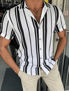 Men's Casual Simple Color Block Stripe Print Comfortable Versatile Shirt - Black - View 2
