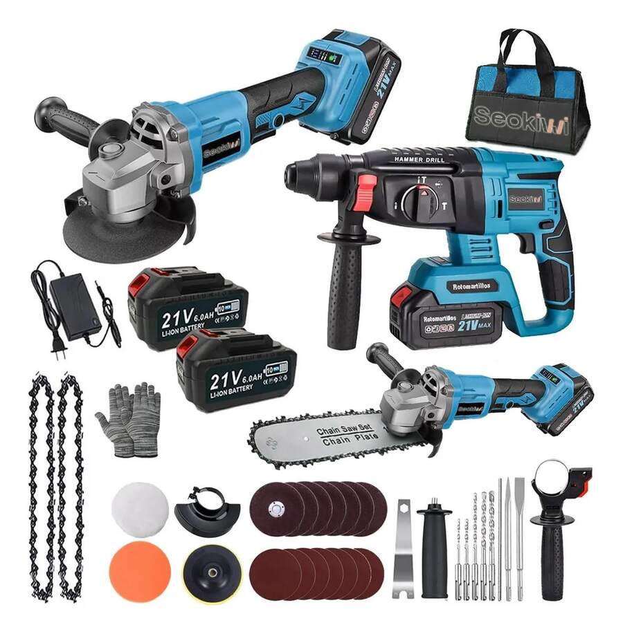 Kit Rotomartillo Y Esmeriladora Angular Inalámbrica 21v - Azul - Ver 1