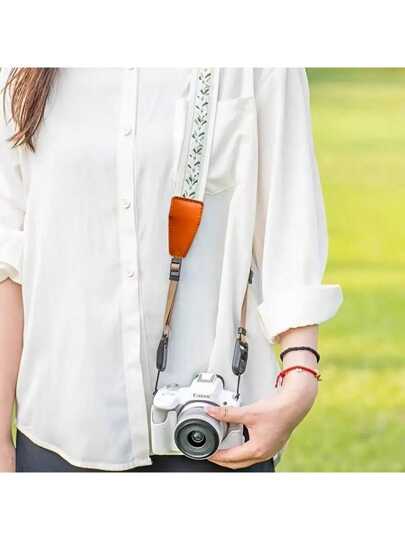 1 pièce Sangle de caméra rétro - Sangle d'épaule DSLR réglable avec motif floral, extrémités beige et boucle métallique, sangle de caméra pour équipement photographique, pour les photographes