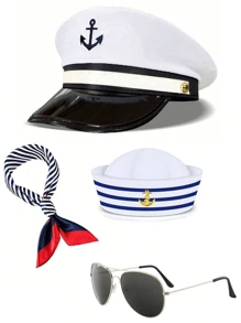 Conjunto de gorro de marinero ajustable blanco y negro, gorra de capitán a rayas, bufanda a rayas, gafas de sol de aviador negras, accesorios de disfraz naval, apropiado para fiestas, actuaciones, gorro de enfermera, boina, atuendo del Día de San Valentín